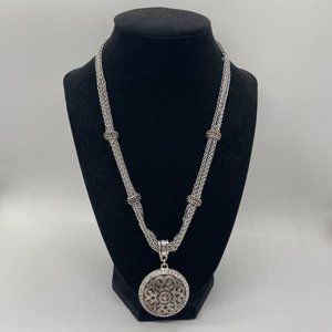 Silver Tone Double Strand Necklace w/ Round Filigree Rhinestone Pendant